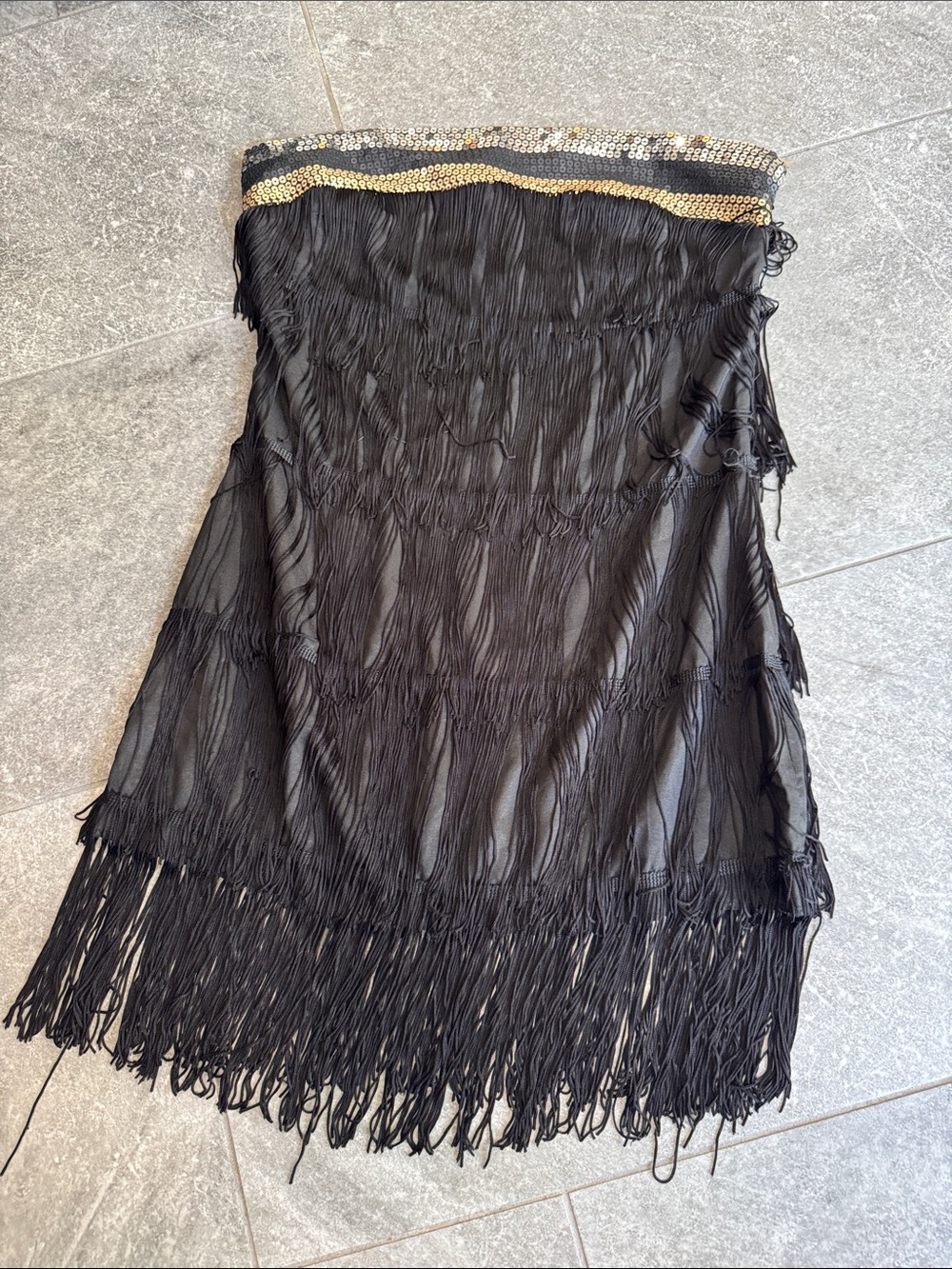 Vintage forever 21 Black Fringe Strapless Dress with Gold Sequin Trim